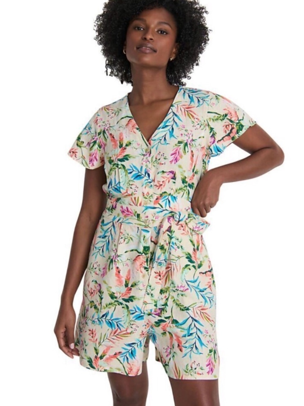 Lands' End flutter sleeve linen romper antique alabaster floral palm size 8
